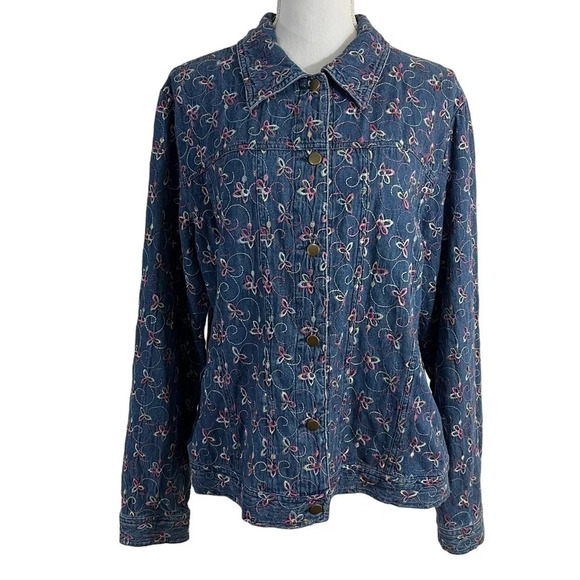 Leslie Fay Denim Shacket Floral Button Up Colorful Embroidery 100% Cotton Collar - Picture 1 of 13